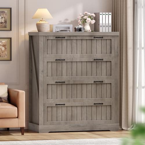 SEDETA Farmhouse File Cabinet for Home Office, 4 Drawer File Cabinet, Wood Office File Cabinets for Letter/Legal/A4 Size, File Cabinet Organizer with Printer Stand for Study Room, Living Room, Grey