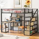 Brevillo Full Size Loft Bed with Desk and Storage Stairs, Metal Loft Bed Frame with Shelves and Guardrails, Space Saving Full Loft Bed with Slat Support, No Box Spring Required, Easy Assembly, Black