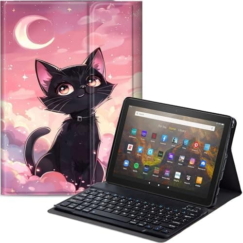 Qindaiwen Keyboard Case for All-New Amazon Fire HD 8/8 Plus (12th Generation/10th Generation, 2024/2022/2020 Release), PU Leather Stand Cover with Detachable Bluetooth Keyboard, Cute Black Cat