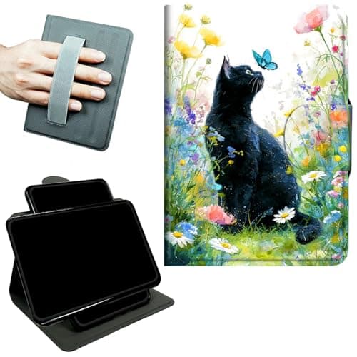 RWUTYTIUL Rotating Handle Case for Samsung Galaxy Tab A8 10.5" 2022 (SM-X200/X205/X207), 360 Degree Swivel Kickstand with Magnetic Closure Shockproof Leather Cover for Women Men, Lawn Black Cat