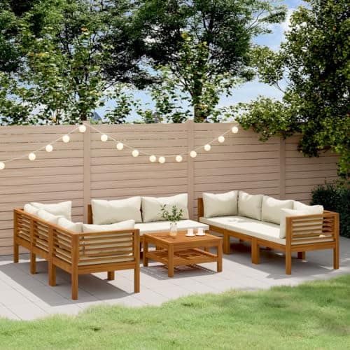 MNISDFL Outdoor Patio Dining Set Patio Furniture Set Patio Table and Chairs 9 Piece Patio Lounge Set with Cream Cushion Solid Acacia Wood