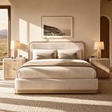 ModernMate Queen Size Bed Frame, Upholstered Bed Frame with PU Leather Padded Headboard, Soft Fabric &Wooden Slats Support, Noise-Free, No Box Spring Needed, Easy Assembly, Beige