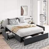 Allewie Queen Size Platform Bed Frame with 3 Storage Drawers, Fabric Upholstered, No Box Spring Needed, Metal Slats Support, Easy Assembly, Dark Gray