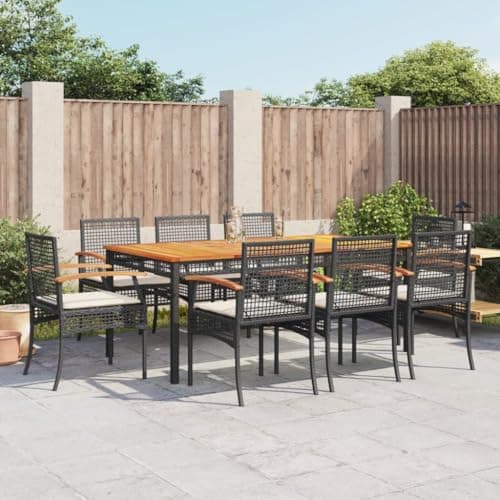 PUGYNBK 9-Piece Garden Dining Set Black Cream White with Rectangular Table and Eight Chairs, Outdoor Patio Furniture Set Weather-Resistant PE Rattan and Steel Frame for Backyard