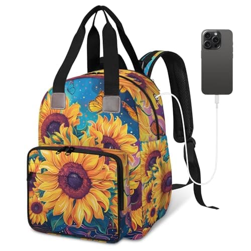 Shoblo Sunflowers Butterflies Diaper Bag Backpack for Travel, Waterproof Diaper Bag with Insulated Bottle Pockets & USB Port, Large Capacity Baby Bag for Moms & Dads