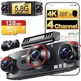 4 Channel 360° Dash Cam Front Rear and Left Right Inside, 4K+3 * 1080P Dash Camera for Cars with Free 128GB SD Card, 5.8GHz WiFi-30MB/s, 24H Parking Mode, G-Sensor, GPS, Night Vision, Voice Control