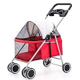 Outdoor Portable Foldable 4-Wheel Pet Cart for Small,Medium-Sized Dogs and Cats with Cup Holder,Travel Lightweight(Red)