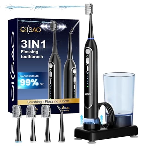 OILSAO Electric Toothbrush with Water Flosser Combo, 3-in-1 Sonic Flossing Electric Toothbrush for Travel & Home, 330ml Easy-Clean Cup, 5 Speeds & 3 Modes for Braces, IPX7, 30-Day Battery, Black