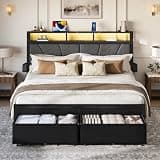 LARMACE Queen Size Metal Platform Bed Frame with 2 Storage Drawers, Upholstered Headboard, LED Light & Charging Station, Metal Platform Bed Frame, No Box Spring Needed, Easy Assembly, Black Oak