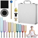 10 Pcs Tuning Forks with Mallet, Bases, and Box, Multi-Color Chakra Tuning Forks in Aluminum Alloy Case for Sound Therapy, Yoga, and Meditation