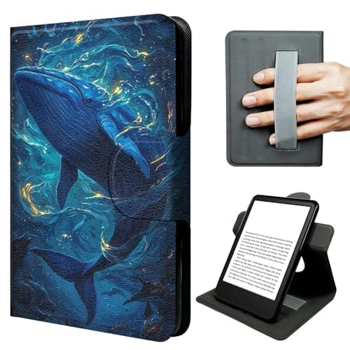 JNFBWULO Case for Kindle 11th Generation (6" Display, 2022 & 2024 Release, Basic Kindle), 360° Rotating Stand Cover with Hand Strap, Auto Sleep Wake Protective Folio - Deep Ocean Whale
