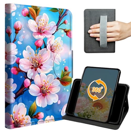 Case for Fire HD 8 & 8 Plus Tablet Case (12th/10th Generation, 2024/2022/2020 Release) 8" Slim 360 Degree Rotating Stand Shell Cover with Hand Strap Auto Wake/Sleep Magnetic Clasp, Cherry Blossom