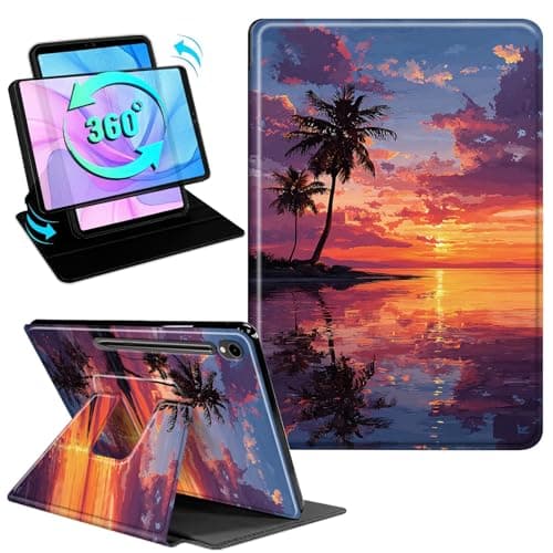 Gmeyutqy Case for Samsung Galaxy Tab S10 Lite/S10 FE/S9 FE 10.9-Inch/S9 11-Inch, 360 Degree Rotating Swivel Stand Flip Leather Cover with Auto Sleep/Wake, Sunset Beach Palm Tree
