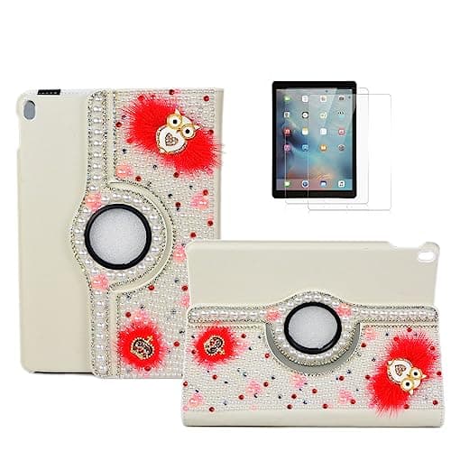 STENES Bling Case for Samsung Galaxy Tab S10 Ultra 14.6-inch 2024 - Handmade Crystal 3D Crown Night Owl 360 Degree Rotating Stand Auto Sleep/Wake PU Leather Protective Cover, Red