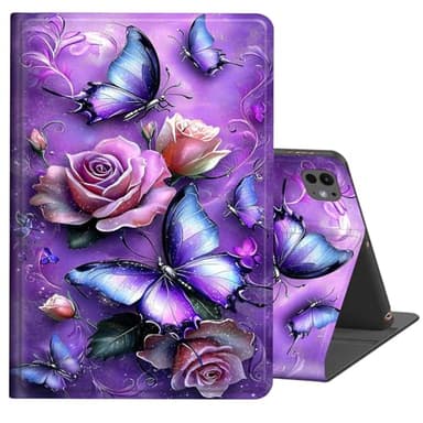 FKIUBWRY for iPad Pro 13 inch Case 2024,Case for iPad Pro 13-inch (M4),Slim PU Leather Multi-Angle Stand Folio Cute Heavy Duty Protective Cover with Auto Wake/Sleep,Purple Butterfly Rose