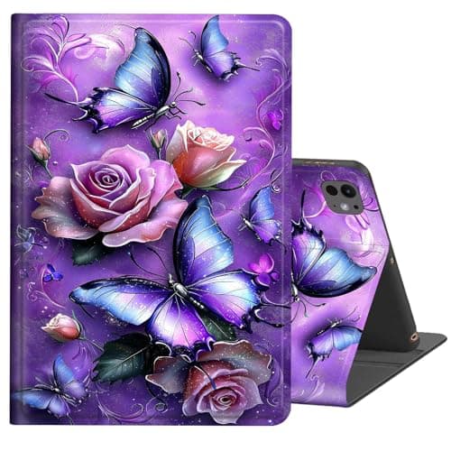 FKIUBWRY for iPad Pro 13 inch Case 2024,Case for iPad Pro 13-inch (M4),Slim PU Leather Multi-Angle Stand Folio Cute Heavy Duty Protective Cover with Auto Wake/Sleep,Purple Butterfly Rose