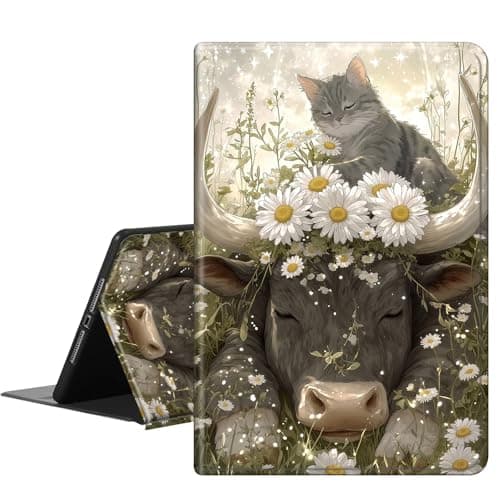 for Apple iPad Air 13 Inch Case (M3/M2-2025/2024 Release), Slim iPad 13 Protective Case with Stand Hard Back Shell for iPad Air 13, Auto Wake/Sleep, Gray Cat On Cow with Daisies
