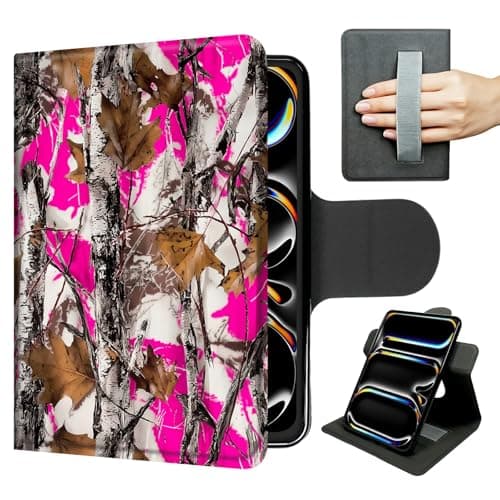 PU Leather Case for iPad Pro 12.9 Inch 6th/5th/4th Gen（2022/2021/2020 – Slim 360° Rotating Stand with Hand Strap, Auto Sleep/Wake, Magnetic Closure,Pink White Camo Brown Leaves