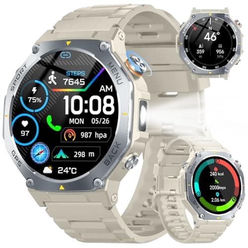 Military Smart Watch for Men Built-in GPS with LED Flashlight Compass, 1.43" AMOLED Display 5ATM Waterproof Fitness Tracker with Heart Rate/Sleep/Blood Oxygen, Watches for Android/iPhone, Khaki