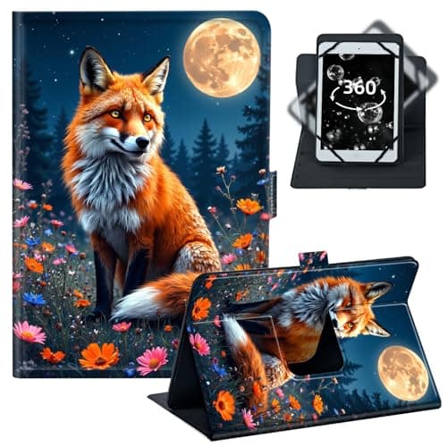 BREIDMKFM Tablet Case for Fire 7 (2022/2021/2020) - Universal 6-7 Inch 360° Rotating Stand with 4 Corner Elastic Bands,Fit for Kindle Fire 7/iPad mini 5/Lenovo Tab M7,﻿Cute Fox Wildflower