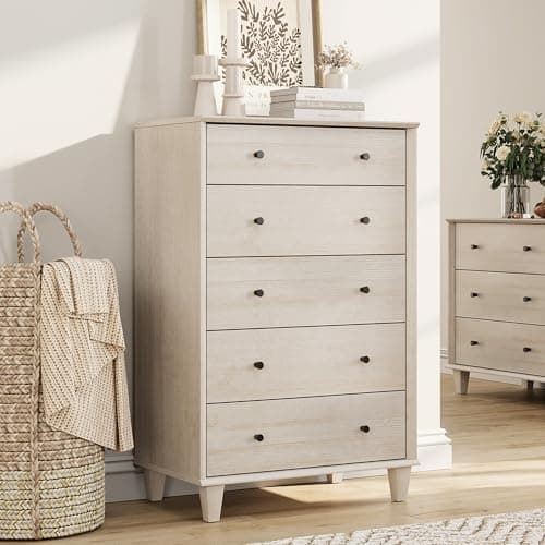 FENSULN 5 Drawer File Cabinet for Office, Tall Modern Chest of Drawers, Beveled Profile Design, Wood Drawer Organizer for Hpmeoffice,Living Room,Hallway and Entryway,Beige