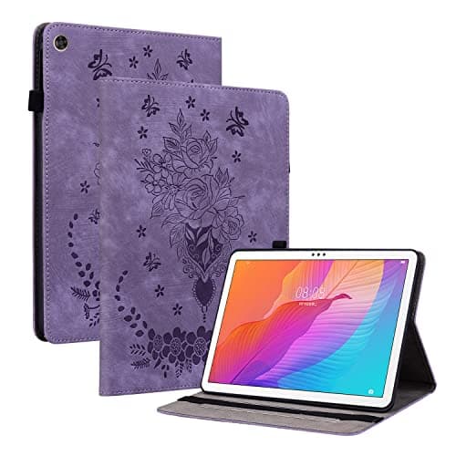 Embossed Floral Leather Flip Case for Huawei MatePad T 10s, 10.1", Adjustable Stand, Card Slots, TPU Back Cover Purple