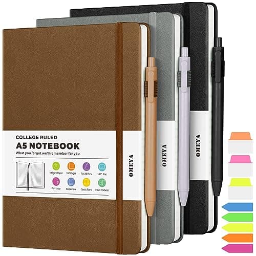 Lined Journal Notebook, 3 Pack A5 College Ruled Notebooks for Work, Hardcover Notebook Each with 2 Pockets & Pen, Leather Journal for Women, Men, 160 Pages, 100GSM Thick Paper (Black, Brown, Grey)