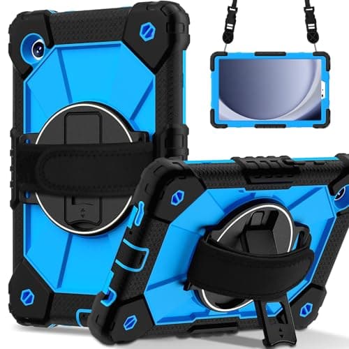 DXVTRKJM Case for Samsung Galaxy Tab A9 8.7 Inch 2023 Model(SM-X110/X115/X117) Tablet,360° Rotating Stand Hand/Shoulder Strap &Shockproof Silicone and Hard PC. (Black+Blue)
