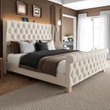 Uteeran King Size Bed Frame with Headboard, Velvet Upholstered Platform Bed with LED Lights & Charging Station, Button Tufted, No Box Spring Needed,Noise Free,Beige