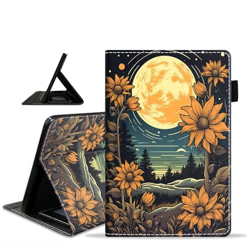 ZXHSBROK Case for Amazon Fire HD 8/Fire HD 8 Plus Tablet (12th/10th Generation, 2024/2022/2020 Release) - Slim PU Leather Stand Folio Cover with Card Slot & Auto Sleep/Wake, Sunflowers Under The Moon