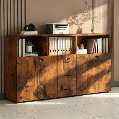 HSHBDDM File Cabinet with Password Lock, Wood Lateral Filing Cabinet for Letter/A4 Files, 3 Drawer with Door, Printer Stand with Open Shelves for Home Office