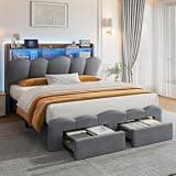 Decofy Queen Upholstered Bed Frame with 2 Storage Drawers and Bookcase Headboard, Platform Bed with with Charging Station & LED Lights, Heavy Duty Metal Support, No Box Spring Needed, Soft Grey