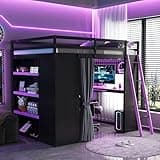 Merax Full Size Loft Bed with Desk and 6 Storage Shelves, Wardrobe, Blackout Curtain, Solid Wood Gaming Loft Bed Frame with USB Port & RGB Lights, No Box Spring Needed, Space-Saving, Black+Purple