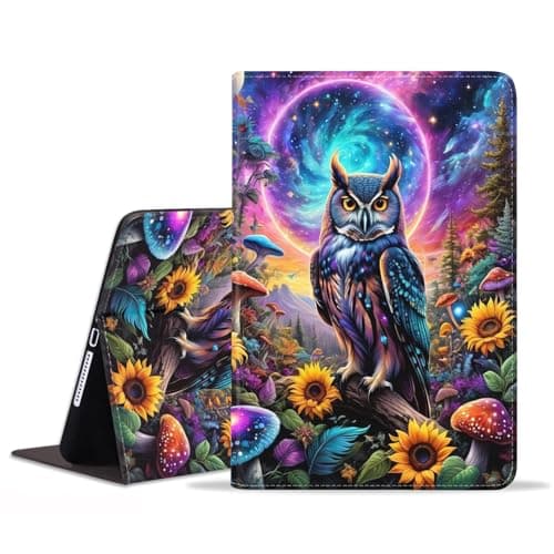 POIUYTREW Case for iPad 9th/8th/7th Gen (2021/2020/2019) 10.2 Inch, PU Leather Folio Case Smart Cover with Stand & Auto Wake Sleep for iPad Air (3rd Gen) 10.5" 2019, Owl Under The Moon