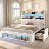 ADORNEVE Queen Bed Frame with 4 Storage Drawers, 2 Footboard Cubbies and RGB Lights, Corduroy Upholstered Platform Bed with Charging Station and Storage Headboard, No Box Spring Needed, Cream