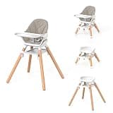 DDIOYIUR Baby High Chair, 6 in 1 Convertible High Chairs for Babies and Toddlers, Easy Clean Highchair with Removable Double Tray, 5-Point Harness, Reversible Footrest, Beech Wood Legs, Champagne