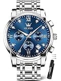 OLEVS Men’s Waterproof Watch Big Silver Blue Dial Watches for Men Stainless Steel Chronograph Analog Quartz Dress Man Wrist Watch with Date Diamond Luxury Silver Man Watches Luminous Business