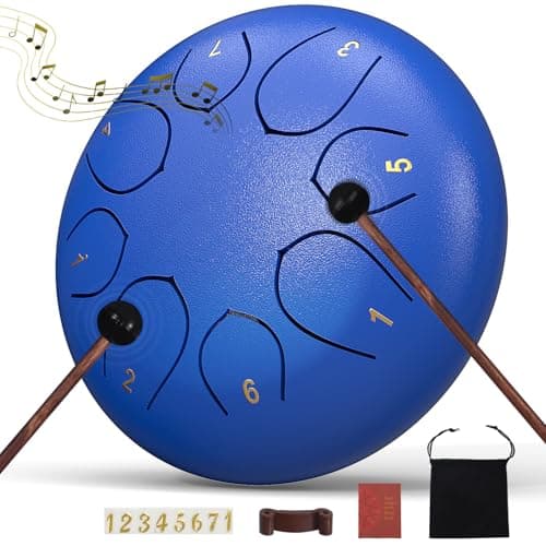 Rain Drum for Outside Garden, 6 Inches 8 Notes Steel Tongue Chakra Drums, Waterproof Meditation Echo Rain Chime, Musical Instruments for Adult Gift with Bag, Music Book (Dark Blue)