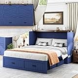 CayugaCrekrd Queen Murphy Bed with Storage & Charging Station, Farmhouse Murphy Cabinet Bed with Large Drawer, Hideaway Foldable Platform Bed for for Guest Room, Bedroom, Home Office, Blue