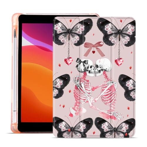 MAYCARI Butterfly Skull Bow Case for iPad 10.2 inch,Halloween Tablet Cover for iPad 9th/8th/7th Gen 2021/2020/2019 with Pencil Holder+Auto Sleep/Wake+Trifold Stand,Pink Leather Soft TPU Back Shell