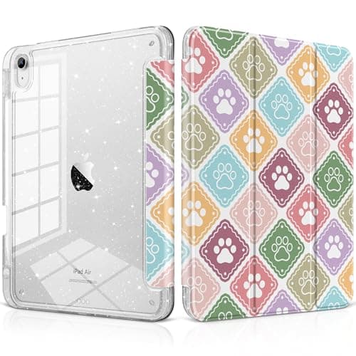 MEEgoodo for iPad Air 11 inch Case M4 2026/M3 2025/M2 2024, Case for iPad Air 5th/4th Gen 2022/2020, Glitter Tablet Cover with Clear Acrylic Back+Pencil Holder+Auto Wake/Sleep,Dog Paw & Checked