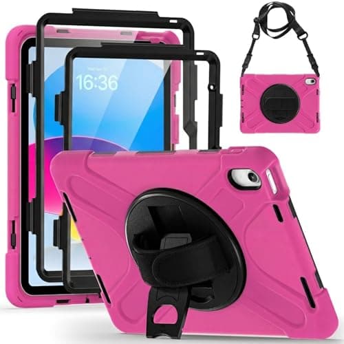 Shockproof Case for iPad A16 10th 2022 /11th 2025 Generation [2 Front Frames] Rugged Cover with 360° Rotatable One-Click Reset Stand & Velcro Hand Strap (Integrated Pencil Holder), Rosered