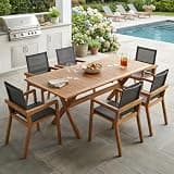 Christopher Knight Home Tomi 7 Piece Acacia Wood Outdoor Dining Table Set for 6, Extendable Dining Table and 6 Chairs with Mesh Back & Seat, Wooden Outdoor Patio Furniture Set, Teak + Black