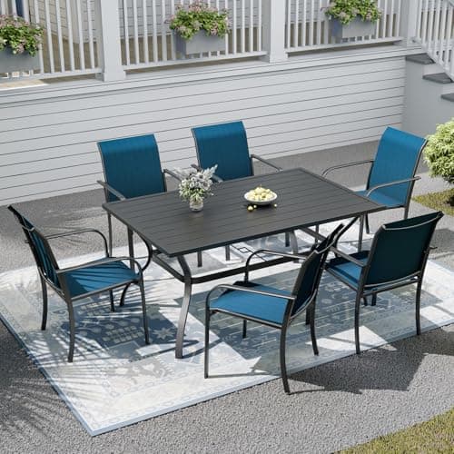 Nixtopia Patio Dining Set,Including 60"x 38" Steel Slat Dining Table and 6 Stackable Patio Chairs,Outdoor Furniture Set with 1.6" Umbrella Hole for All Weather