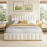 FammyLoft Queen Size Upholstered Bed Frame, Elegant Striped Fabric Bed Frame, Minimalist Bed Frame with Padded Headboard, 800 lbs Support, Modern Bedroom Design, Beige