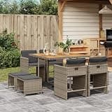 KLGBNCVE 9 Piece Patio Dining Set with Cushions, Gray Poly Rattan Outdoor Furniture with Folding Chairs and Acacia Wood Table