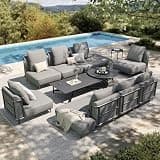 HERA'S HOUSE Metal Patio Furniture Set,Modular 10 Seats,1 Nesting Coffee Tables,1 Side Table with 7.1" Extra Thick Cushion, Low-Profile Modular Patio Conversation Set for Garden Backyard Deck,Grey