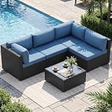 5 Piece Outdoor Patio Furniture Set,Black PE Rattan Wicker Sectional Sofa, All Weather Conversation Set with Washable Cushions & Glass Coffee Table for Backyard Poolside Garden Porch,Navy Blue