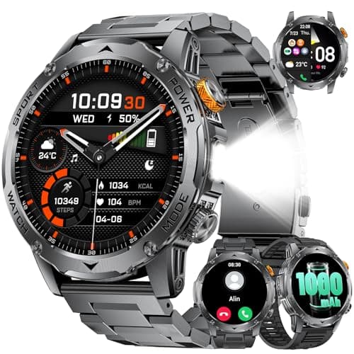 LIMIGE Smart Watch for Men with 1000mAh Battery/Flashlight, 1.75'' Military Smartwatch with 5ATM Waterproof/Heart Rate/Sleep Monitor,Answer Make Calls Fitness Tracker for Android iPhone Matte Carbon