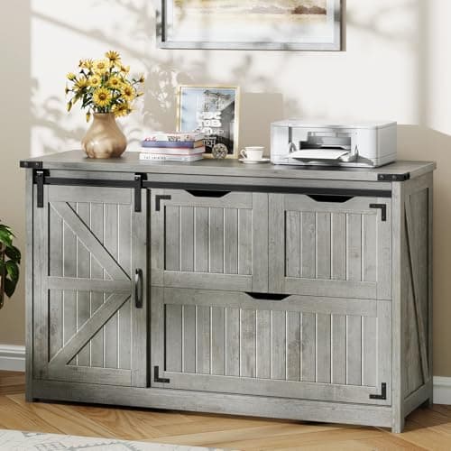Vabches 47.8” Farmhouse Lateral File Cabinet with Sliding Barn Door, 3 Drawers Filing Storage Cabinets with Adjustable Shelf, Office Printer Stand for Hanging Files Letter/Legal/F4/A4.Grey